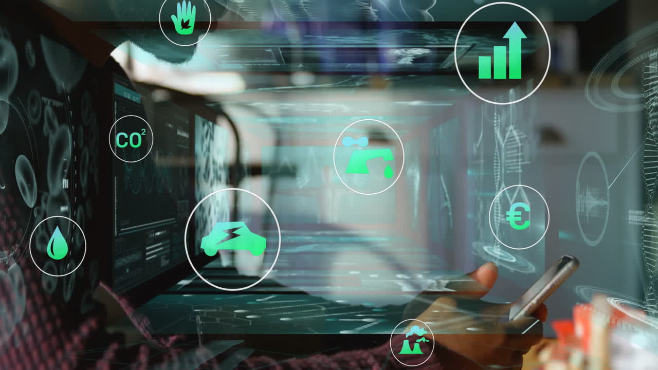 Using laptop, person with digital icons of sustainability and technology on screen