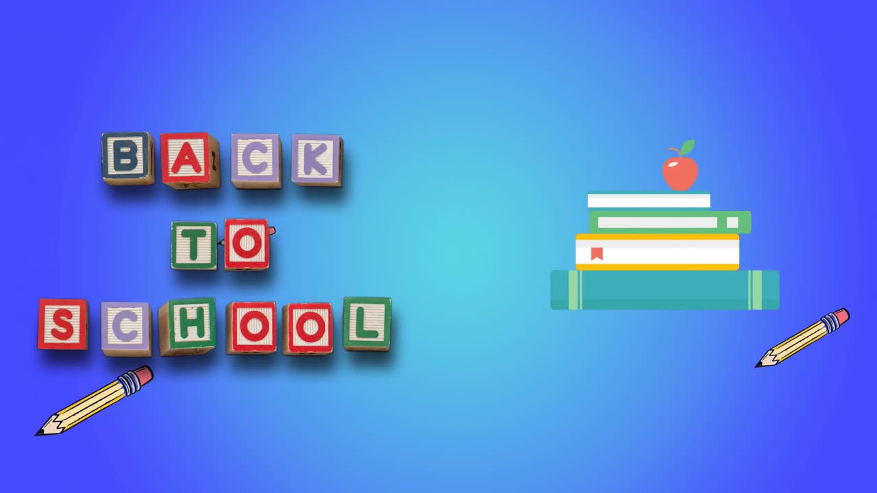 Animazione del testo 'ritorno a scuola' su icone di articoli scolastici su sfondo blu.