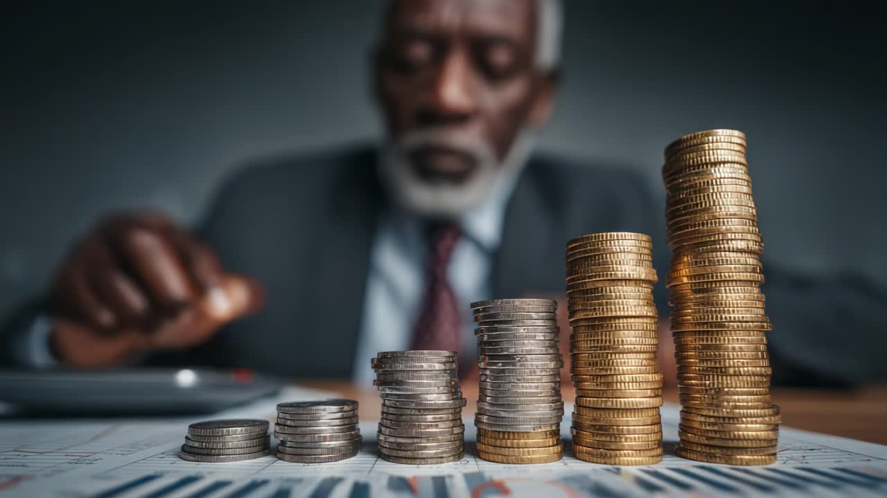 Aged Financial Wisdom: A Man Analyzing Growth Trends Through Stacks of Coins on a Chart, Symbolizing Investment Strategies and Wealth Accumulation Over Time