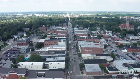 bowling green, ohio downtown skyline drone video moving down