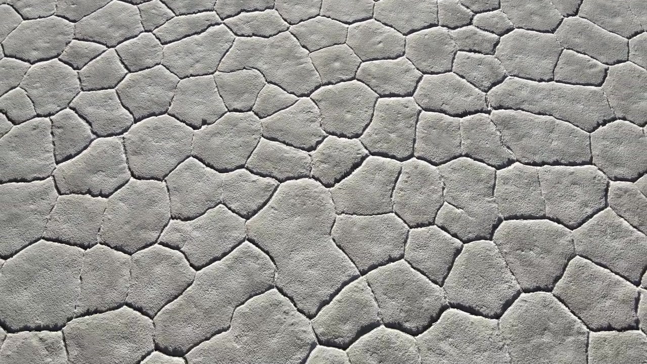 Poligoni di sale incastrati formano un motivo ripetuto sulla superficie piatta delle Salinas Grandes, visti dall'alto come una texture geometrica astratta per temi scientifici, minerari o ambientali