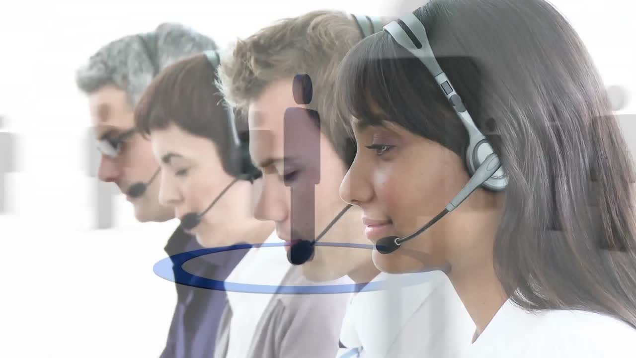 전화 헤드 ⁇ 을 착용 한 사업가 들 위 에 있는 아이콘 과 연결 된 네트워크 의 애니메이션