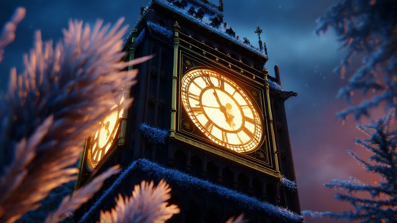A Stunning Close-Up View of an Iconic Clock Tower Illuminated in a Winter Wonderland, with Glorious Snow-Covered Surroundings Capturing the Enchanting Beauty of Time in a Magical Setting