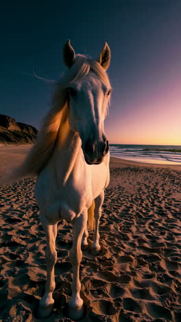 majestic white horse on a golden sunset beach