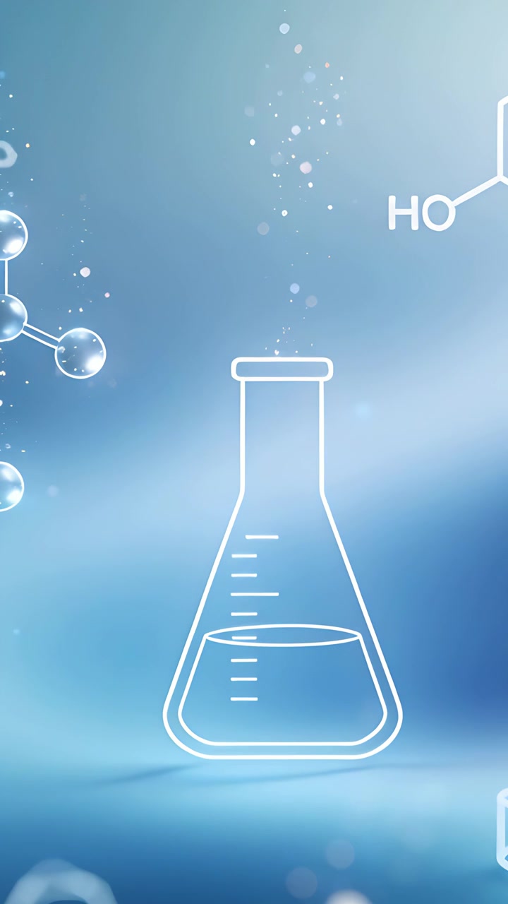 Vertical video: Starting white Erlenmeyer flask sliding rightward in cool blue scene, revealing HO