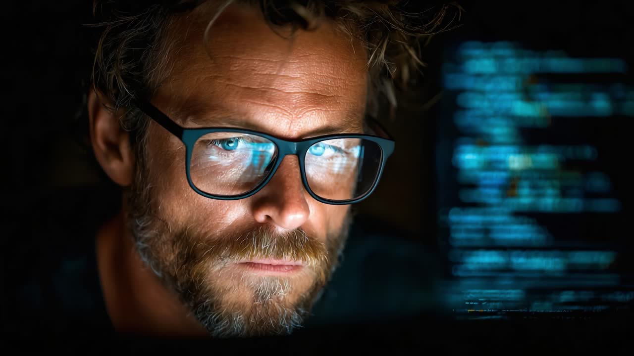Eine konzentrierte Person analysiert Code auf einem Computerbildschirm, beleuchtet vom Monitorlicht, und zeigt tiefe Konzentration und Engagement bei der Programmierung.