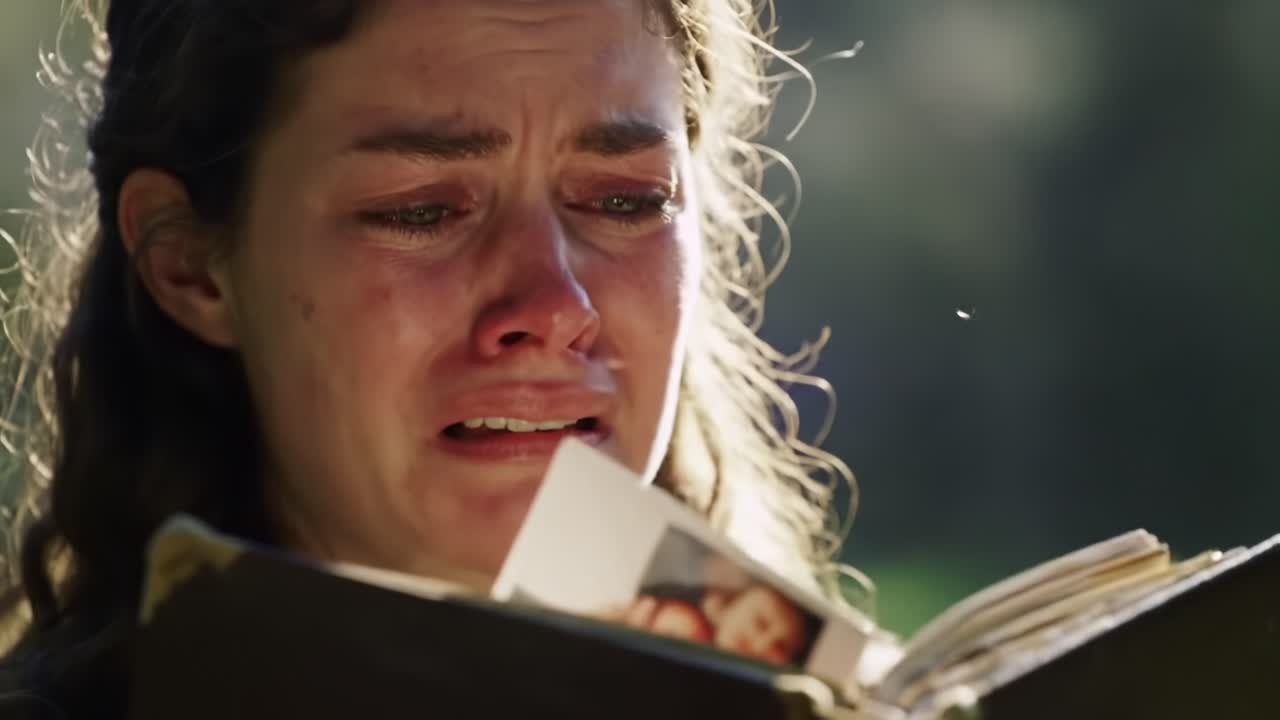 Emotional Journey of Grief: A Young Woman's Heartfelt Connection to a Book, Tearfully Revealing the Depth of Her Inner Turmoil and Memories in Nature's Embrace