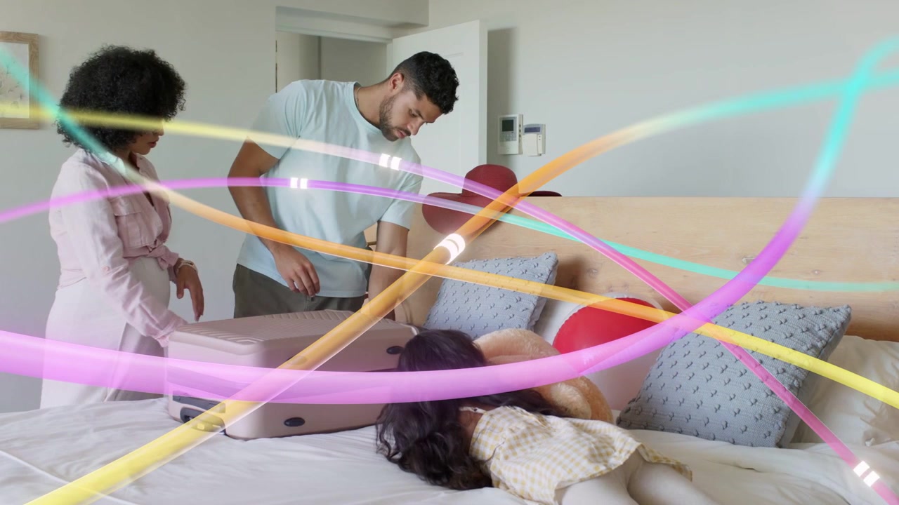 Woman pressing suitcase man zipping items child reaching neon trails sweeping over them for travel