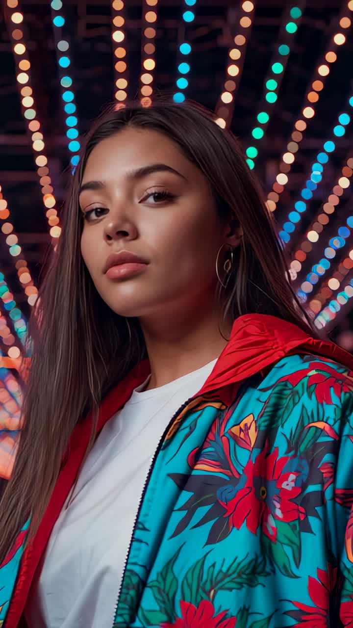 Vertical video: Model blinking tilting under pulsing LED grid in corridor, jacket and silver hoops