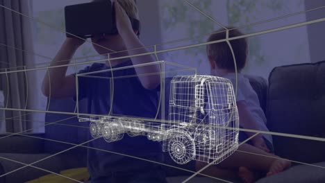animación de dibujo técnico 3d de un camión, sobre un niño en casa con auriculares vr