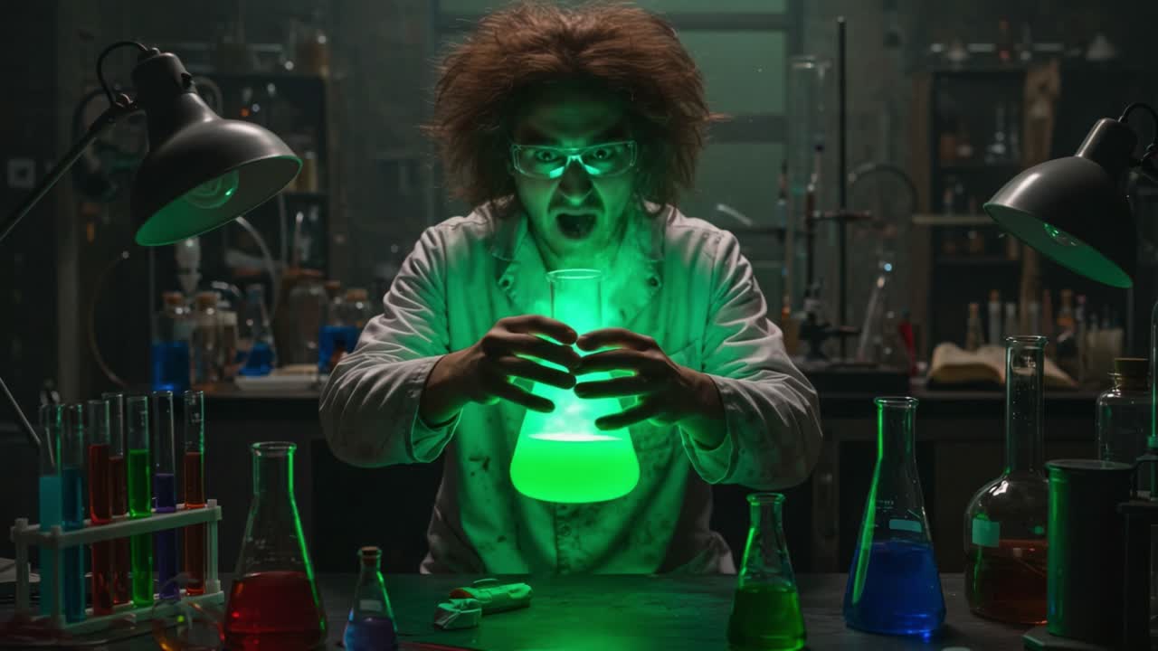 A Daring Experiment in the Laboratory: A Scientist Unleashes the Power of Chemistry with a Green-Emanating Flask in a Dramatic Science Setting