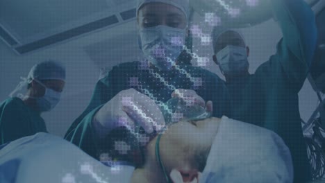 animation of dna strand and data processing over patient and diverse surgeons with face masks