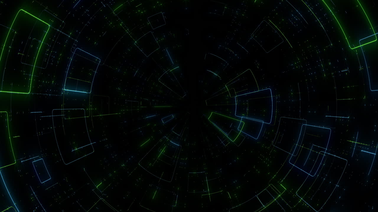 A futuristic tunnel illuminated by blue and green squares