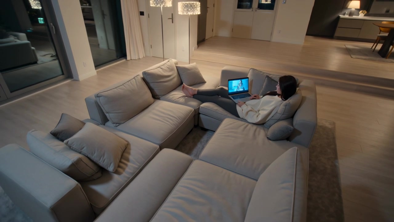 Screen lighting hoodie-clad woman on sofa at home shifting angling laptop watching call, copy space