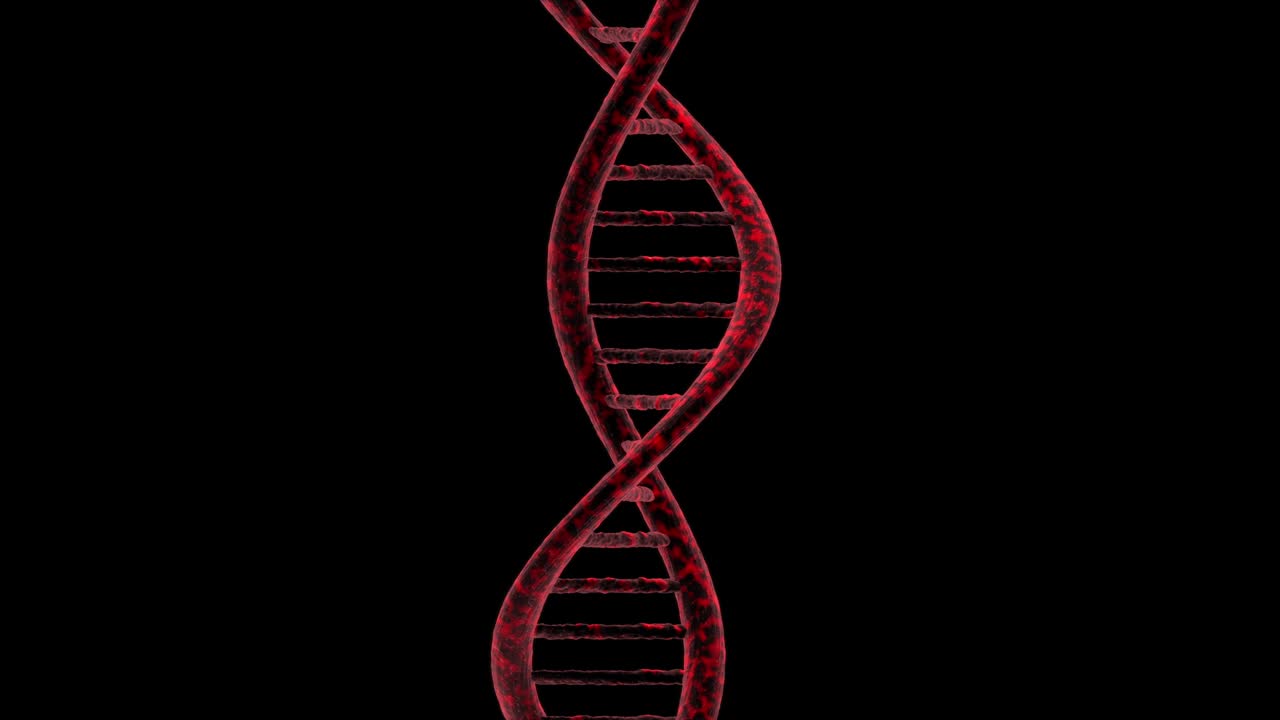 Microscopic view of chain of DNA gyrating on black background. Loop