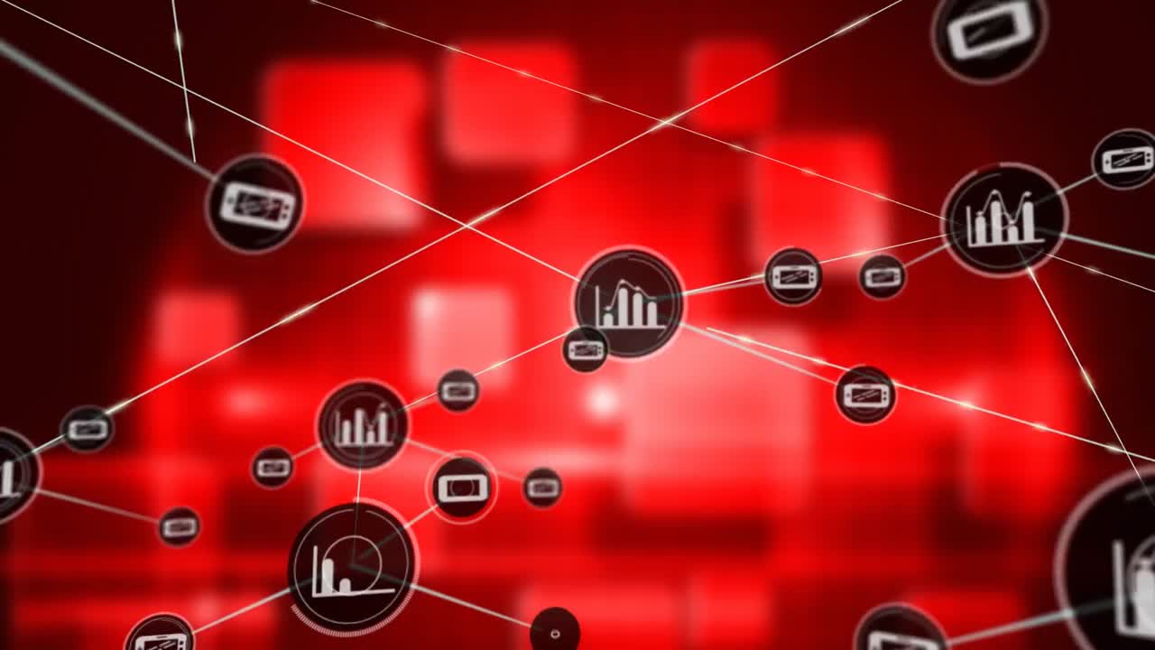 검은색 배경의 모양 위에 아이콘으로 연결된 네트워크의 애니메이션