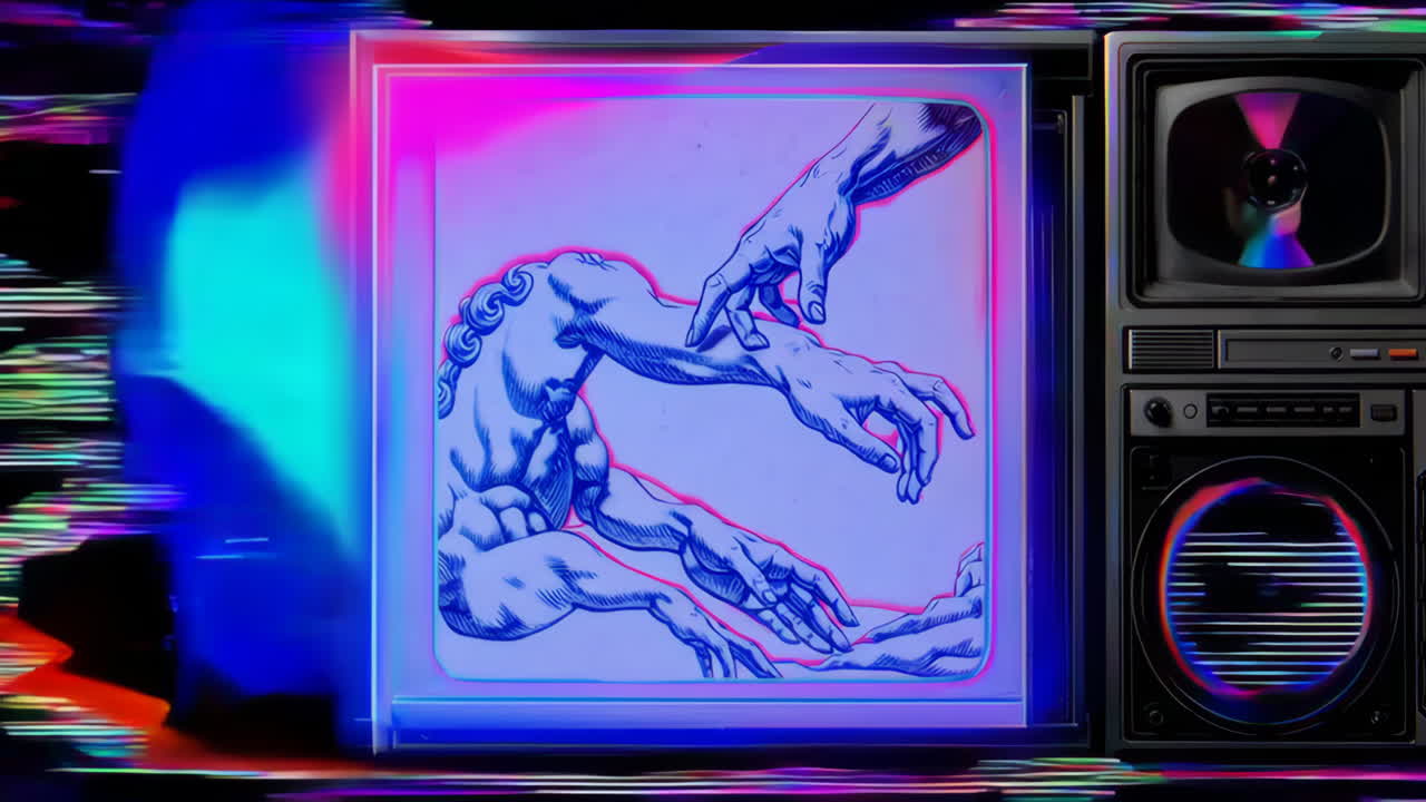 Vaporwave Art: Creation of Adam in Neon Digital Landscape with Retro Tech