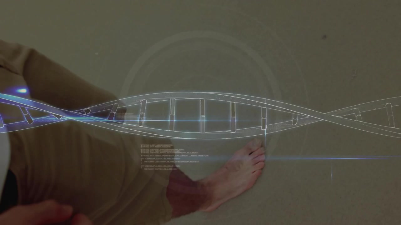 Male tapping 3D icon materializing above foot, transforming into rotating DNA helix