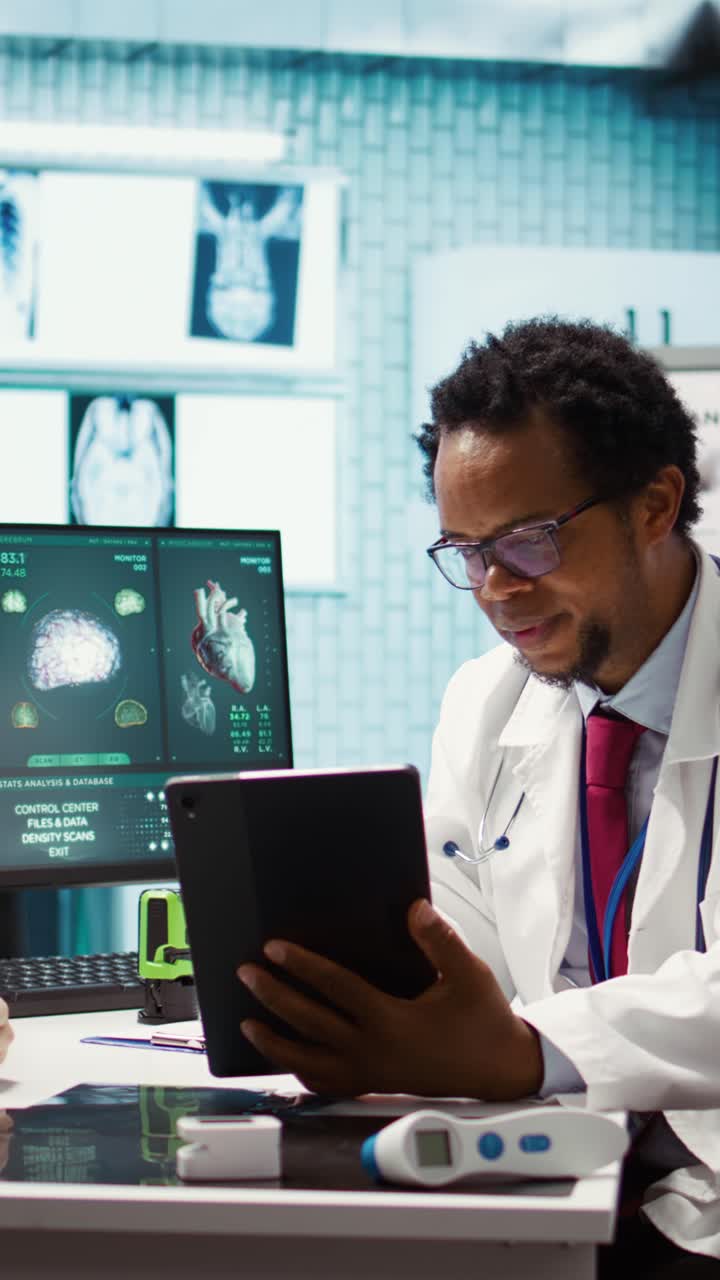 African american medic presenting the diagnostic reports to a female patient