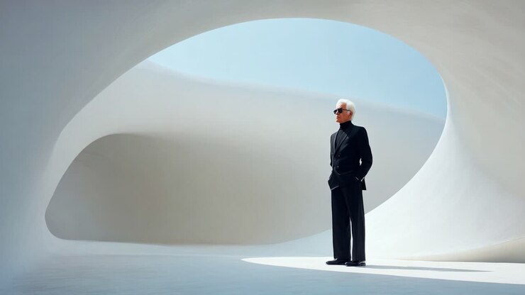 Una figura sofisticata si staglia in uno spazio esteticamente curato, mettendo in mostra design contemporaneo e architettura minimalista, enfatizzando eleganza e visione artistica in un ambiente unico.