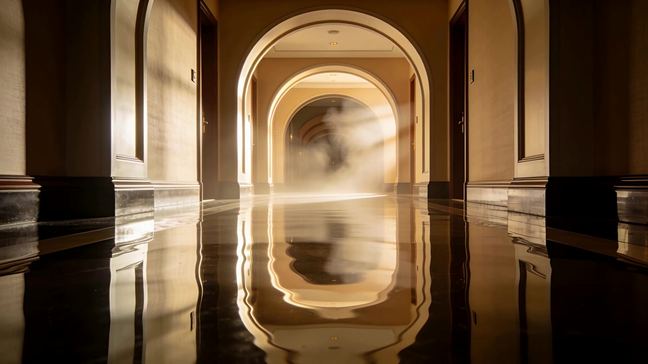 Luce intensa che entra da destra illuminando il centro di un corridoio ad arco, con nebbia che aleggia sul pavimento lucido.