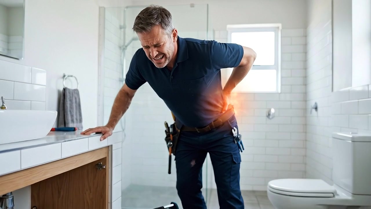 Renovation worker pressing painful lower back while working inside bathroom