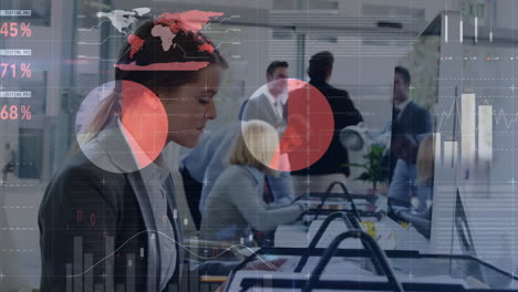 animación de datos financieros y gráficos sobre mujer caucásica trabajando en la computadora