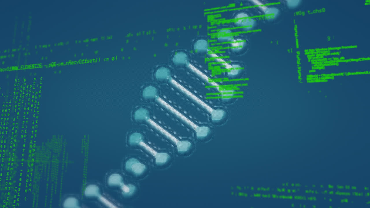 Animation of dna over data processing on navy background