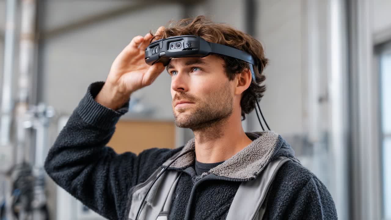 A focused individual wearing a high-tech headset in a modern industrial environment, showcasing advanced wearable technology designed for enhanced communication and productivity in various work settings