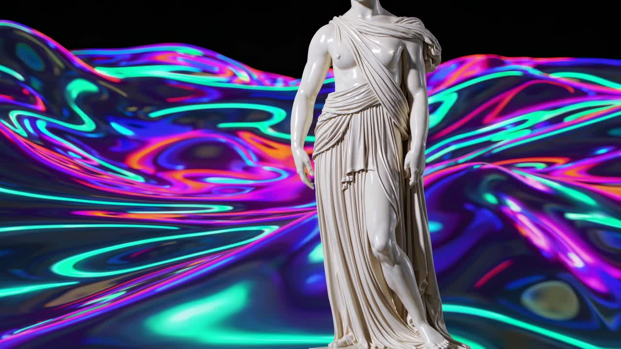 추상적인 사이키델릭 배경을 가진 고대 로마 동상