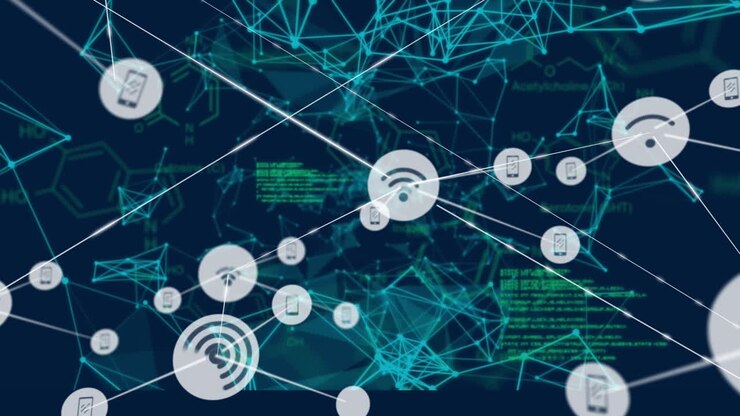 Animation of network of connections with icons over data processing