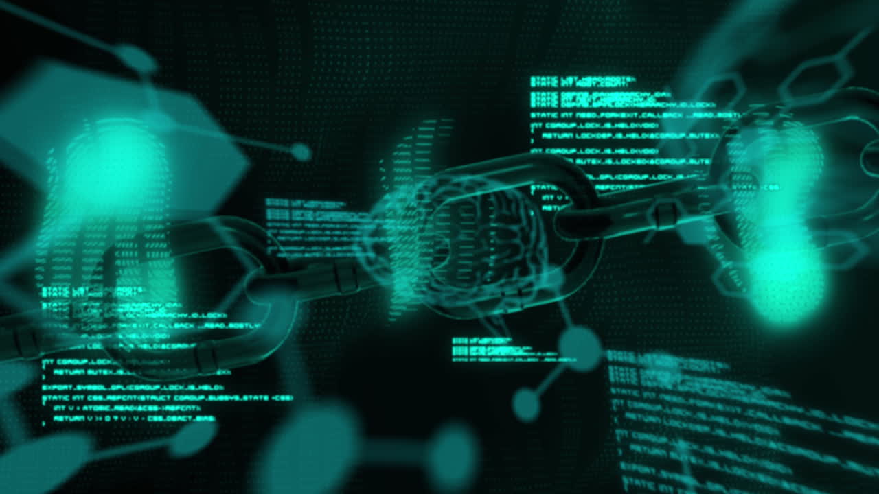 Animation of brain and research data processing with network of connected icons, on black