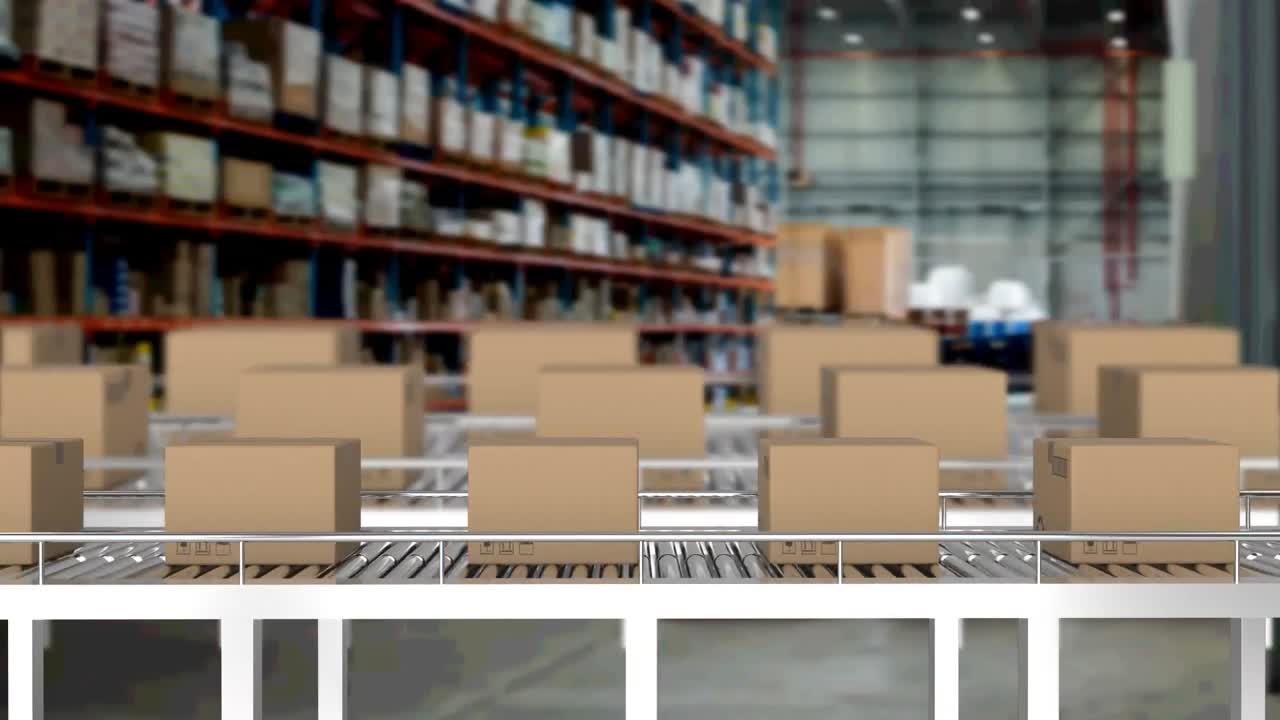 animación de cajas de cartón que se mueven en cintas transportadoras en el almacén