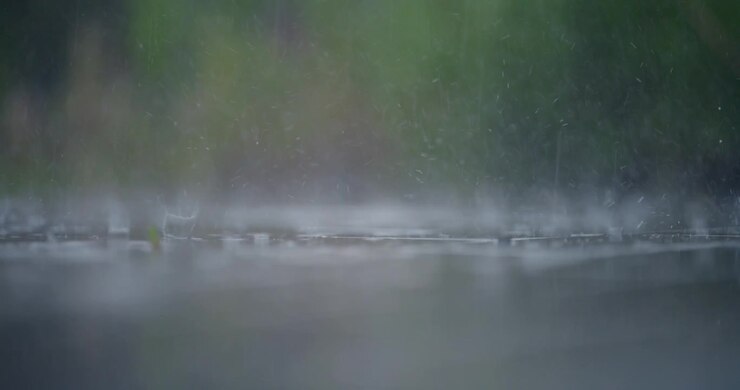 Close-up of Raindrops Falling and Splashing on a Puddle