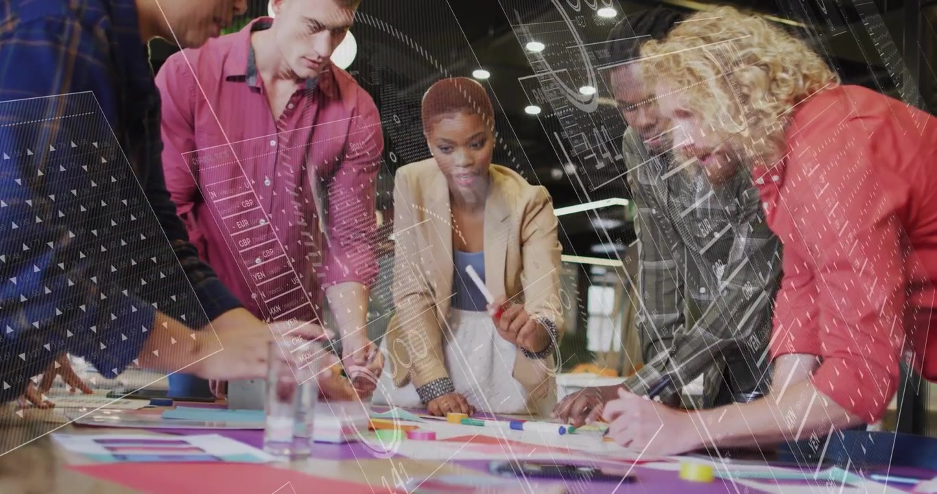Team stepping into frame, placing animated tokens drawing arrows on flowchart for strategy planning