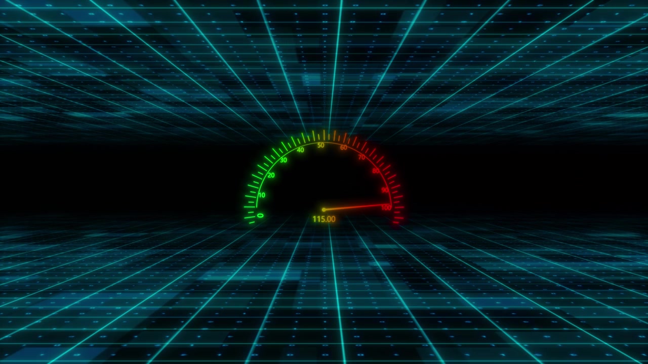 Futuristic performance meter visual with green red dial glowing needle digital grid room and speed