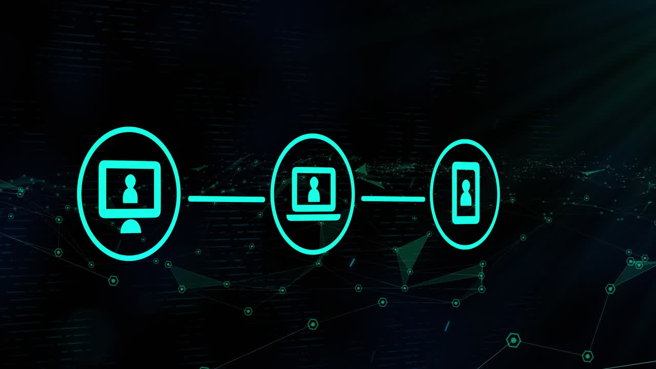 animación de tres iconos digitales verdes brillantes sobre una red de conexiones