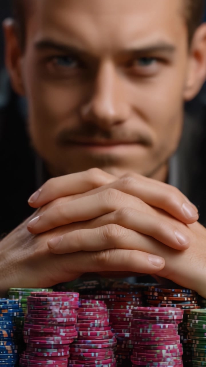 Un giocatore concentrato contempla la strategia con le fiches da poker davanti a sé, mostrando un'intensa concentrazione al tavolo da gioco durante una partita ad alte poste.