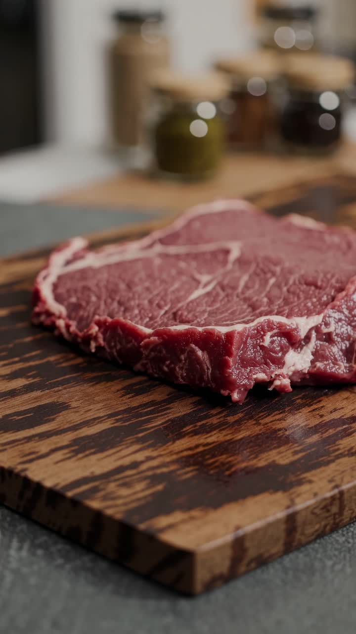 Close-up video shot of a raw steak on a wooden board, with a shallow depth of field highlighting