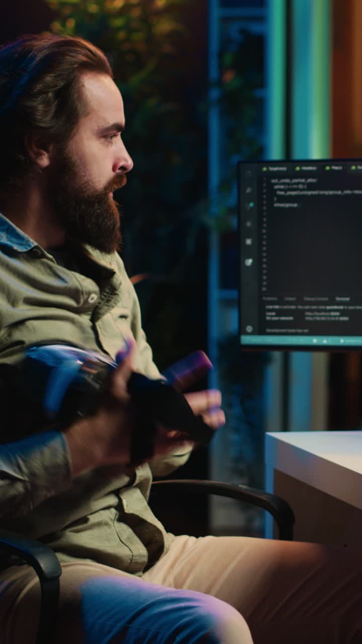 Man Using VR Headset and Coding Artificial Intelligence at Night