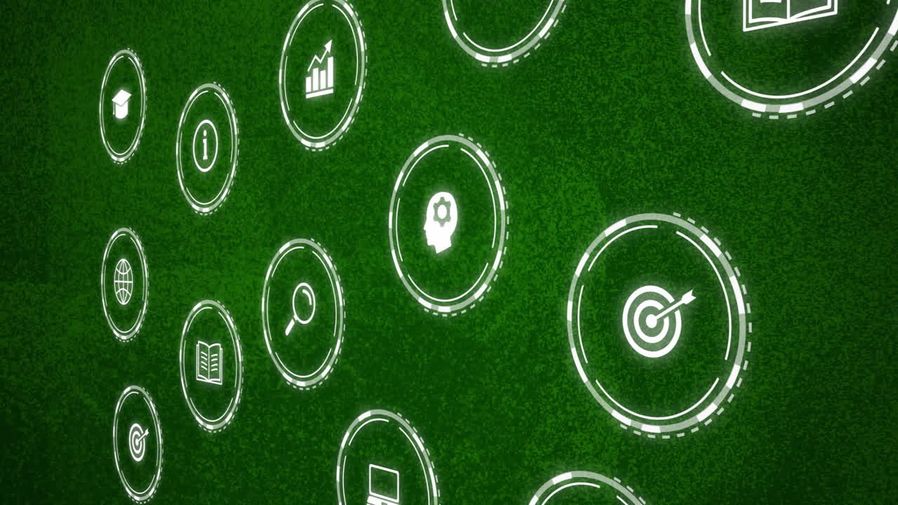 Animation of digital icons on green textured background, showcasing various concepts