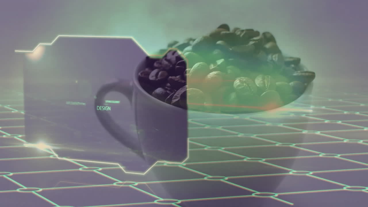 3D-rendered ceramic mug floating above neon grid, spilling roasted coffee beans in lens-flare haze