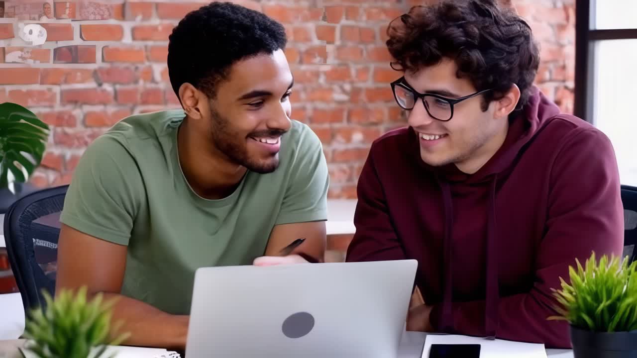 Two businessmen with laptop at desk in open plan office collaborating on project together