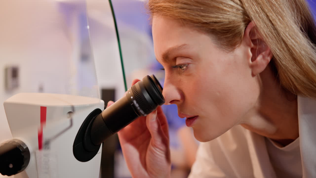 실험실 환경에서 현미경 아래에서 관찰하는 과학자