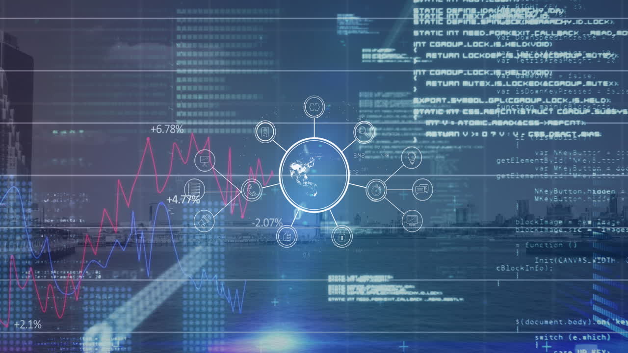 Video of data processing on screens over cityscape