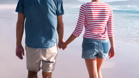 rear view of loving couple on summer vacation walking along beach together