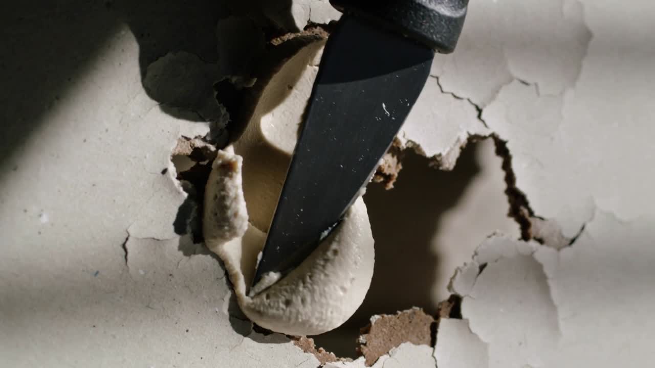 Pressing black knife tip slicing and peeling white plug at plaster wall, exposing dark cavity