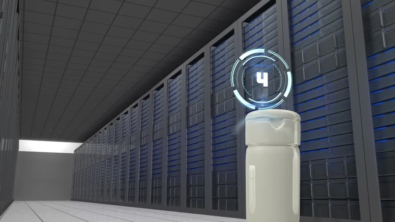 Animation of scope scanning over cream container and server room