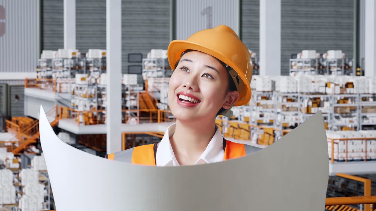 안전 헬을 입은 아시아 여성 엔지니어가 손에 블루프린트를 들고 배달품으로 가득 찬 선반으로 창고에 서있는 동안 주변을 둘러보고 있습니다.