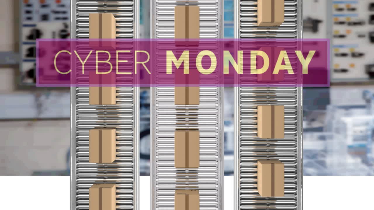 컨베이어 벨트에 있는 카드보드 상자 위에 있는 사이버 월요일 텍스트의 애니메이션